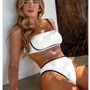 Cupshe White Ribbed Bandeau Bikini with Black Trim
